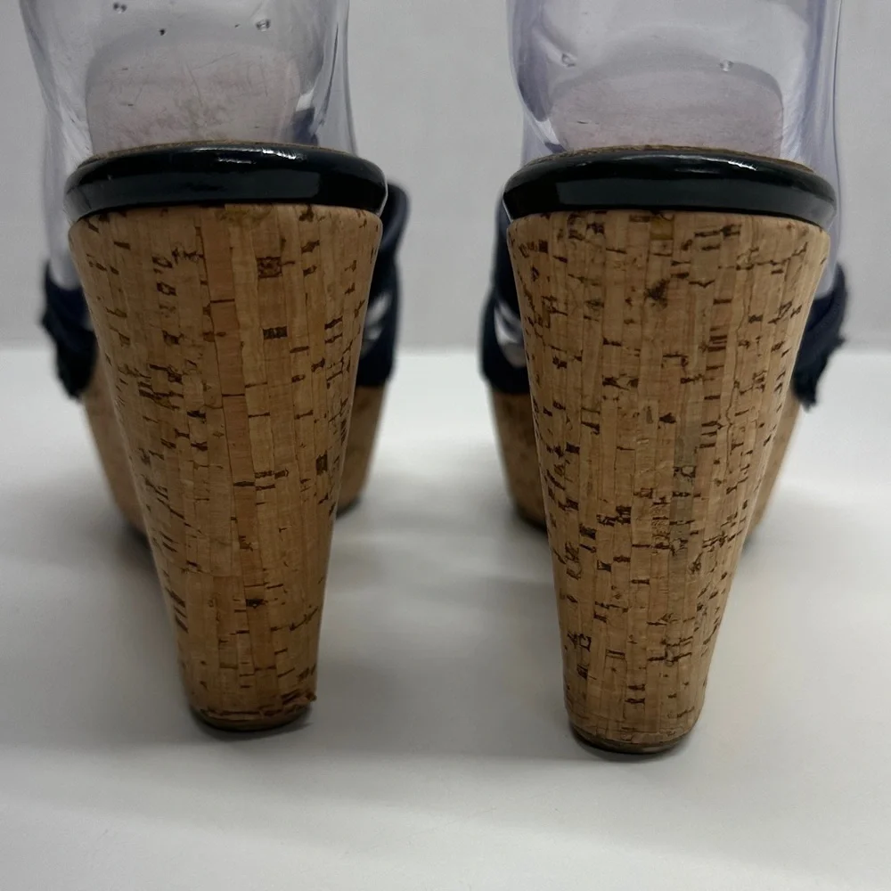 Salvatore Ferragamo Wedges High Heeled Sandals Shoes Frayed Ribbon Blue 6.5